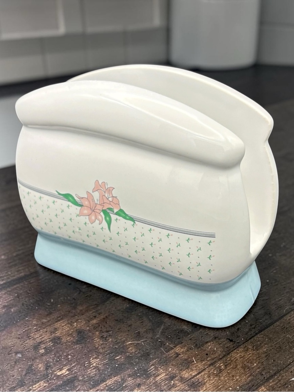 Vintage 1989 House Of Lloyd Floral Ceramic Napkin Holder Pink Iris Design EUC - Picture 8 of 14